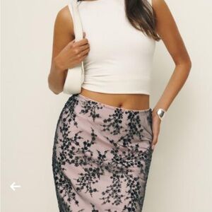 Reformation Black and Pink Embellished Midi Pencil Skirt